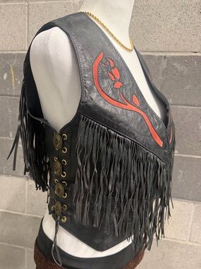 Dallas Leathers Black Leather Fringe Vest with Red Floral Appliqué